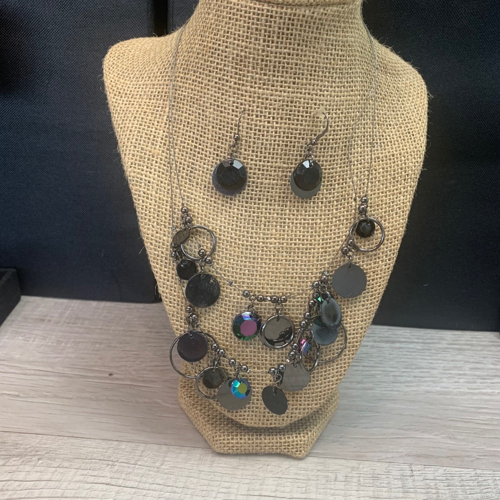 Gunmetal Multi Strand Disc and Crystal Necklace and Earring Set 18 Inch 5521